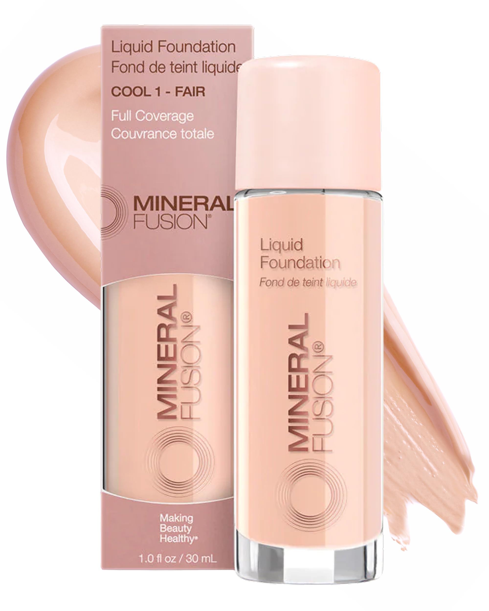 Full Coverage Foundation, Liquid Foundation - Cool 1 - Fair Complexion w/Pink Undertones, Lightweight Matte Finish, Up to 12 Hr Hydration, Hypoallergenic & Vegan, 1 fl. oz