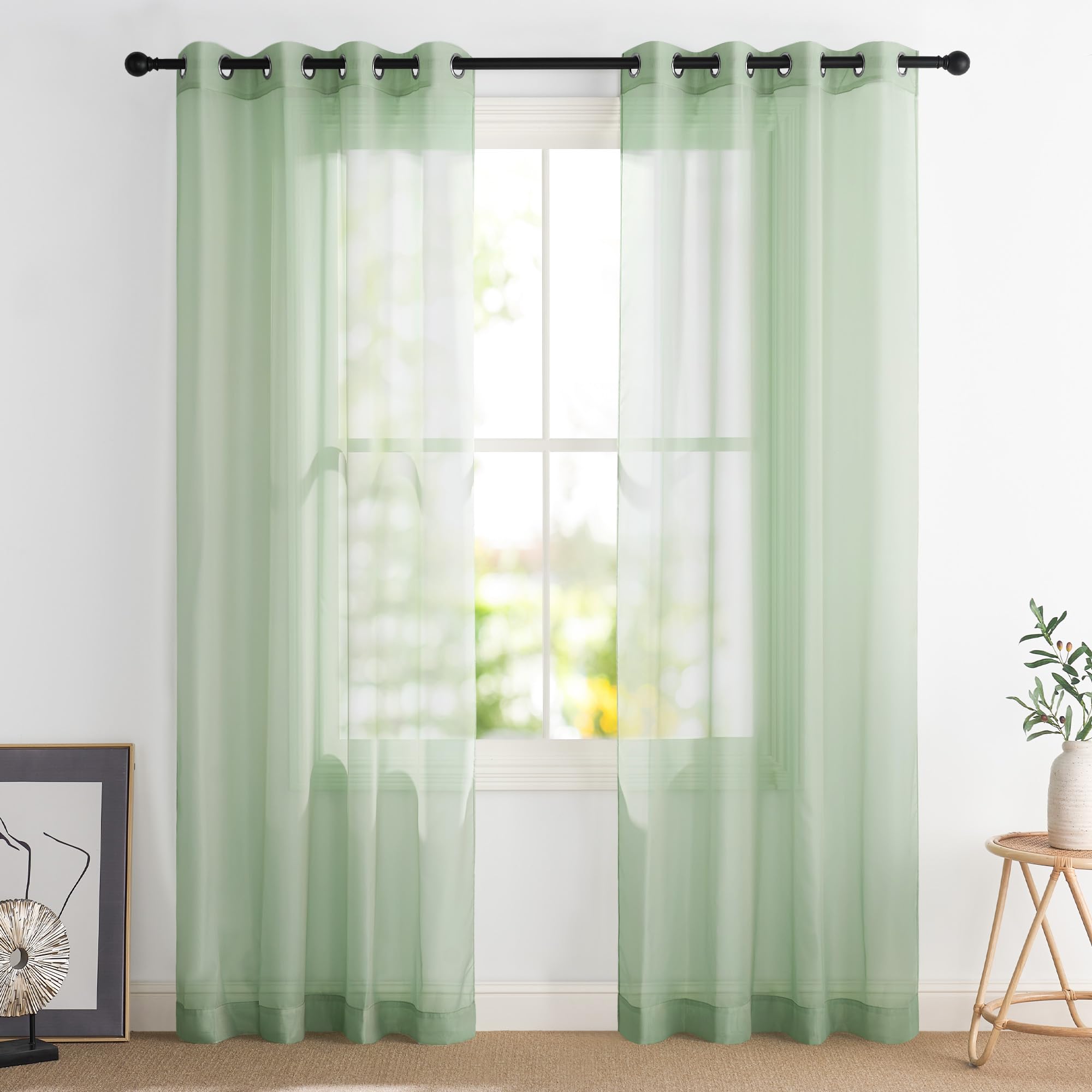 PONY DANCE Mint Green Voile Curtains 84 Inch Drop, Light Filtering Net Curtains for Bedroom/Living Room