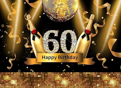 Cinta brillante de 7 x 5 pies, color dorado con texto en inglés "Cheers", con diamantes brillantes y brillantes, número 60, color negro y dorado