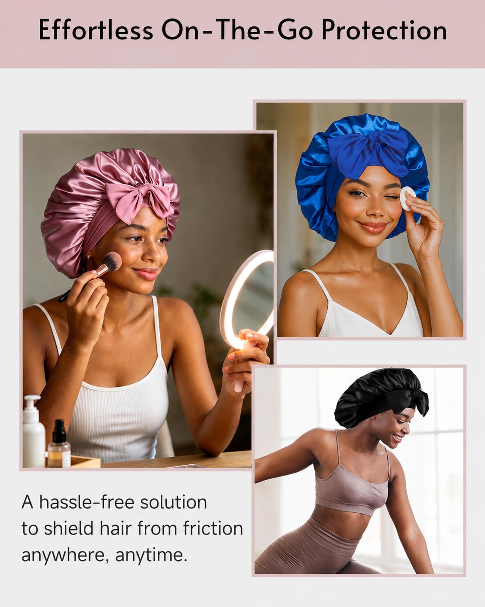 Yanideer 3 gorros de satén ajustables para dormir, doble capa, con forro de satén, con banda de amarre para mujer, cabello rizado