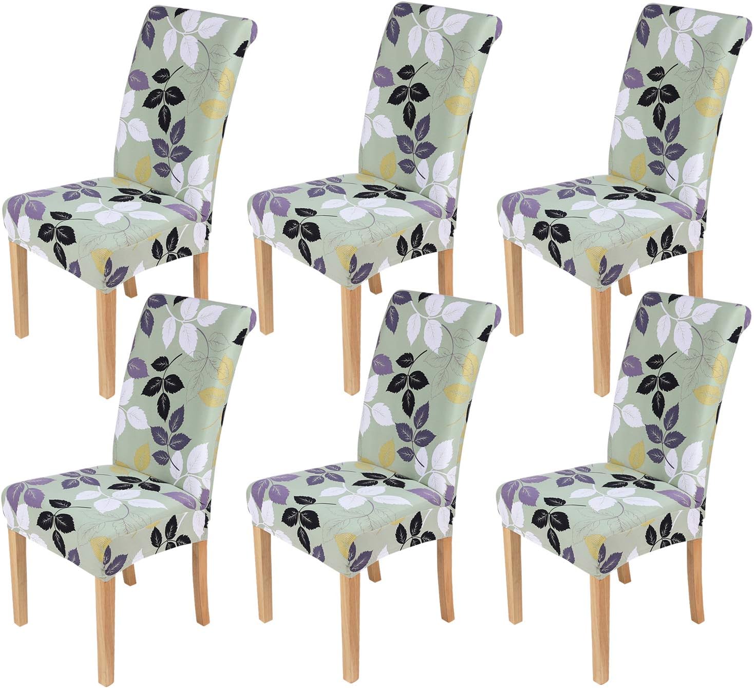 smiry 6 Pack Printed Dining Chair Covers, Stretch Spandex Removable Washable Dining Chair Protector Slipcovers for Home, Kitchen, Party, Restaurant (Light Green)