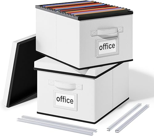 Huolewa Cajas organizadoras de archivos mejoradas con tapas, plegable de piel sintética para colgar carpetas de archivos con tobogán de plástico,