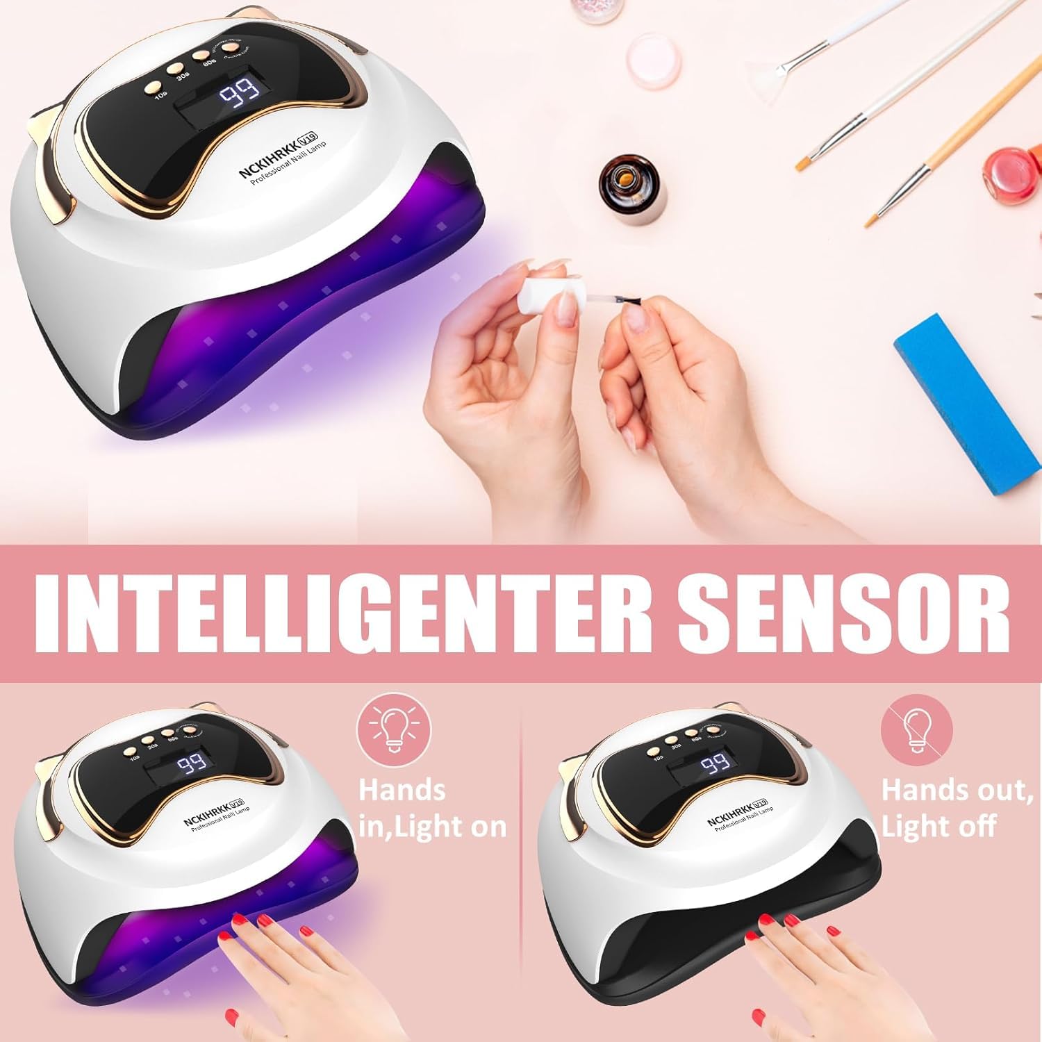 180W Lampada UV LED Unghie, Professionale Fornetto Unghie Semipermanente per Manicure Display LED Automatico Sensore, Maniglia a Orecchio di Gatto, Lampada Led Unghie per Manicure/Pedicure