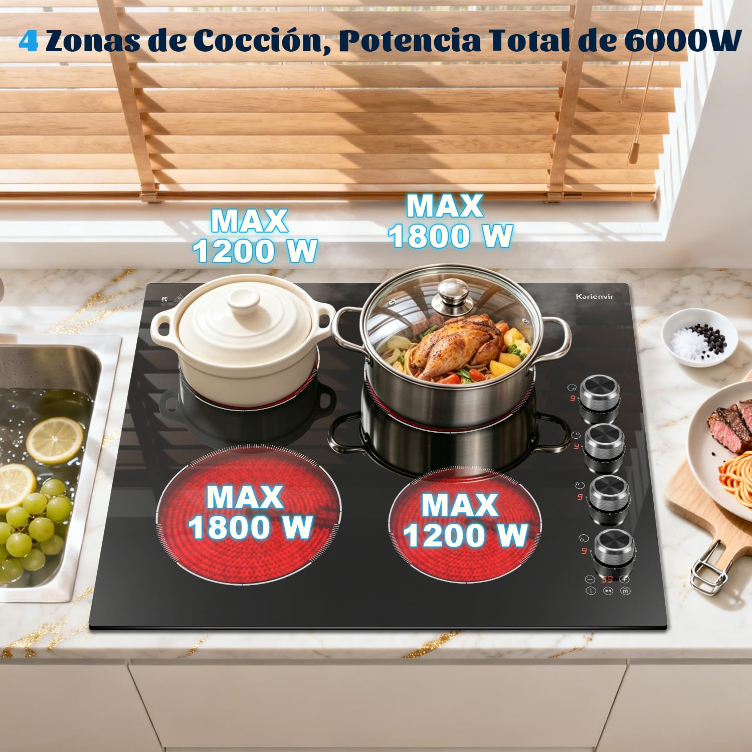 Placa Vitrocerámica de 4 Fuegos, Vitroceramica Empotrada de 60CM, 6000W | Controles táctiles y Perillas, con Bloqueo de Seguridad, Temporizador, Función de Pausa