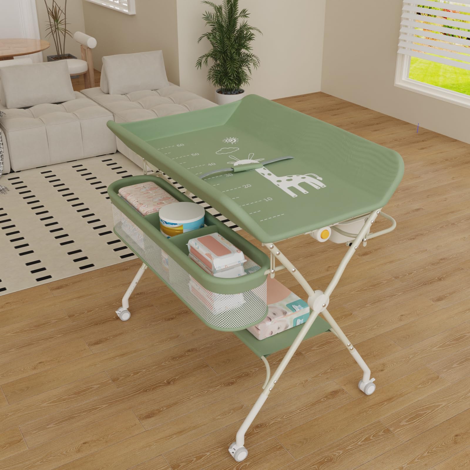 Wickeltisch mit Rollen, faltbar, tragbare Wickelunterlage, 5 verstellbare Ebenen, Aufbewahrungskorb zum Aufhängen für Neugeborene, für Kinderzimmer, 75 x 68 x 83 – 91 cm (A), Grün