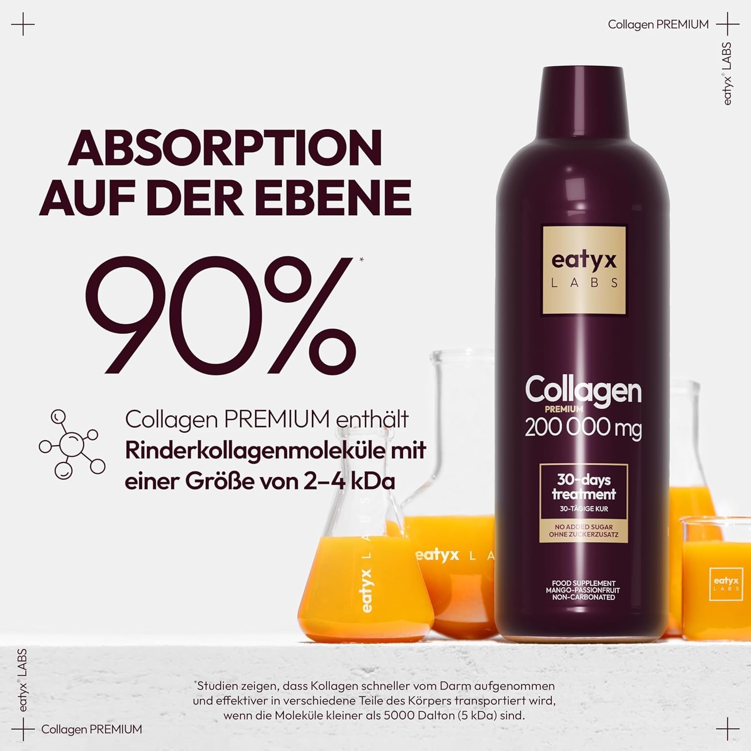 eatyx LABS Collagen Premium 200 000 mg 1L – Wysokoskoncentrowany kolagen do picia z kwasem pantotenowym i witaminą C – Kolagen do picia dla skóry, włosów i paznokci – Smak mango-marakuja