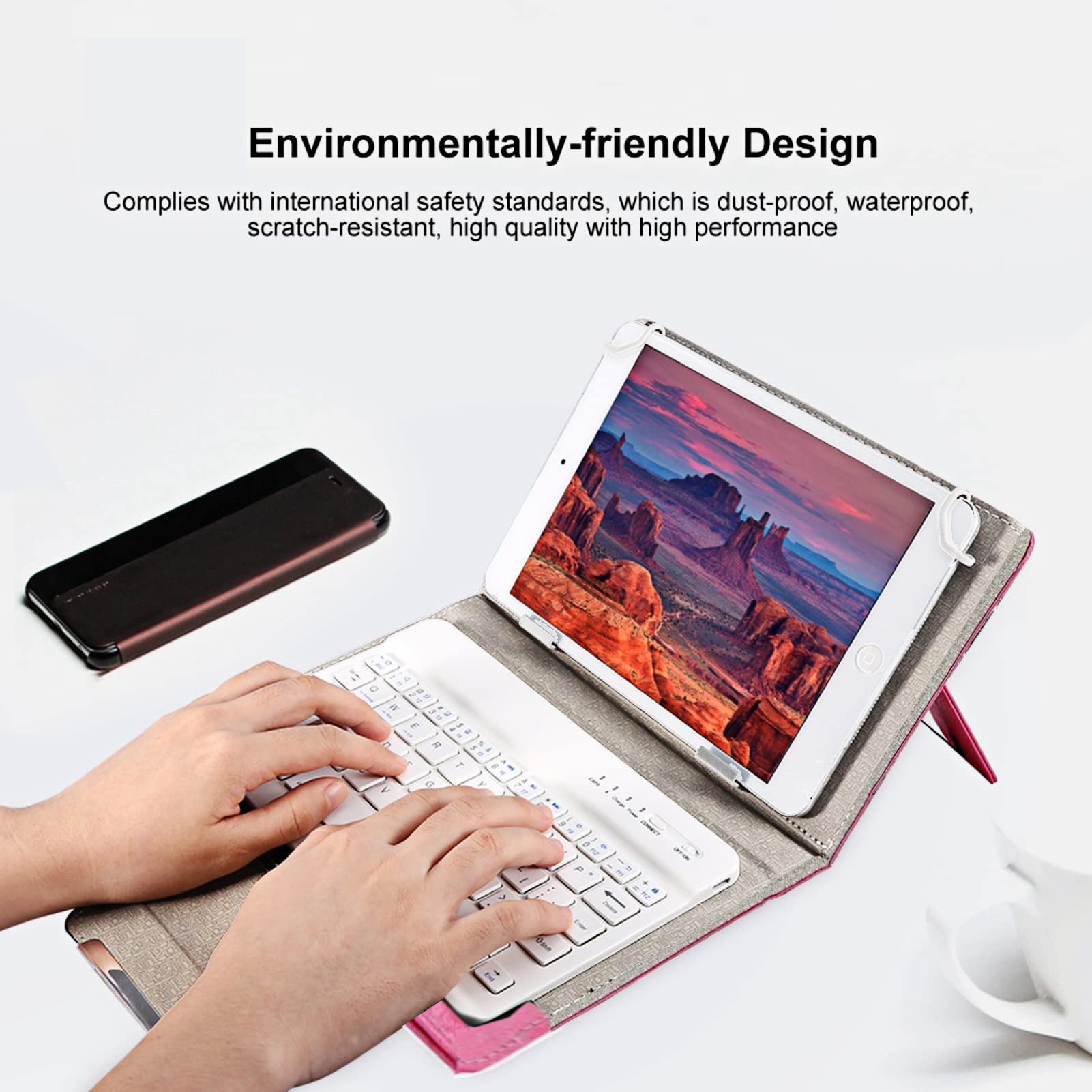 Klawiatura na tablet 10 cali z etui ze skóry PU, zasięg radiowy 10 m, etui ochronne z klawiaturą Bluetooth do systemu Android, iOS, (różowa)