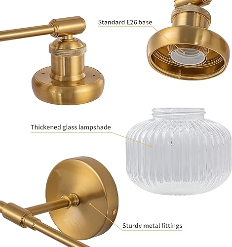 Miniatura 3 de Lámpara de tocador de 2 luces, aplique de pared industrial con pantalla de globo a rayas transparentes, luz de baño para dormitorio, sala de estar,