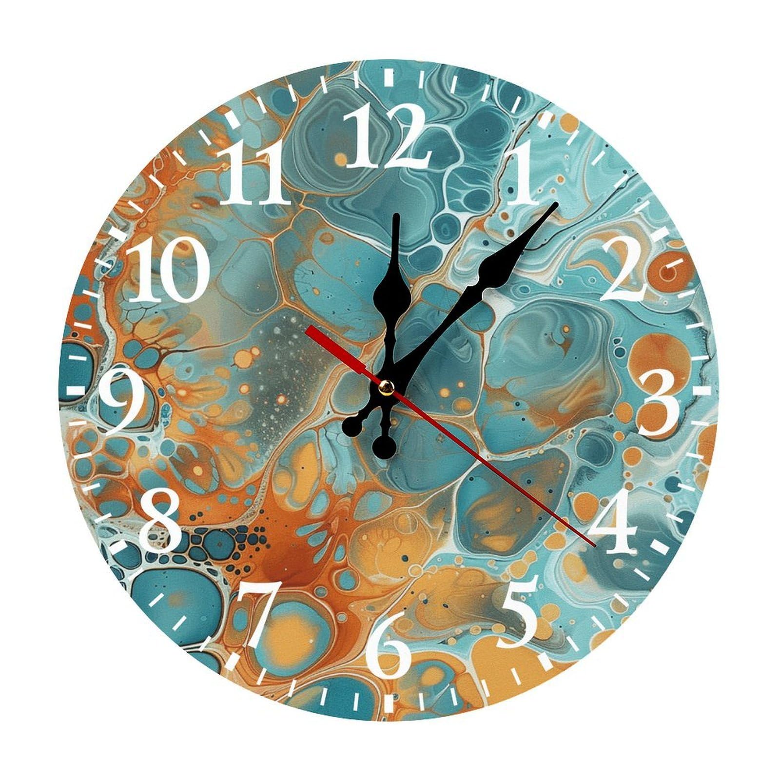 Horloge murale ronde orange et turquoise 30 cm silencieuse à piles pour chambre et cuisine