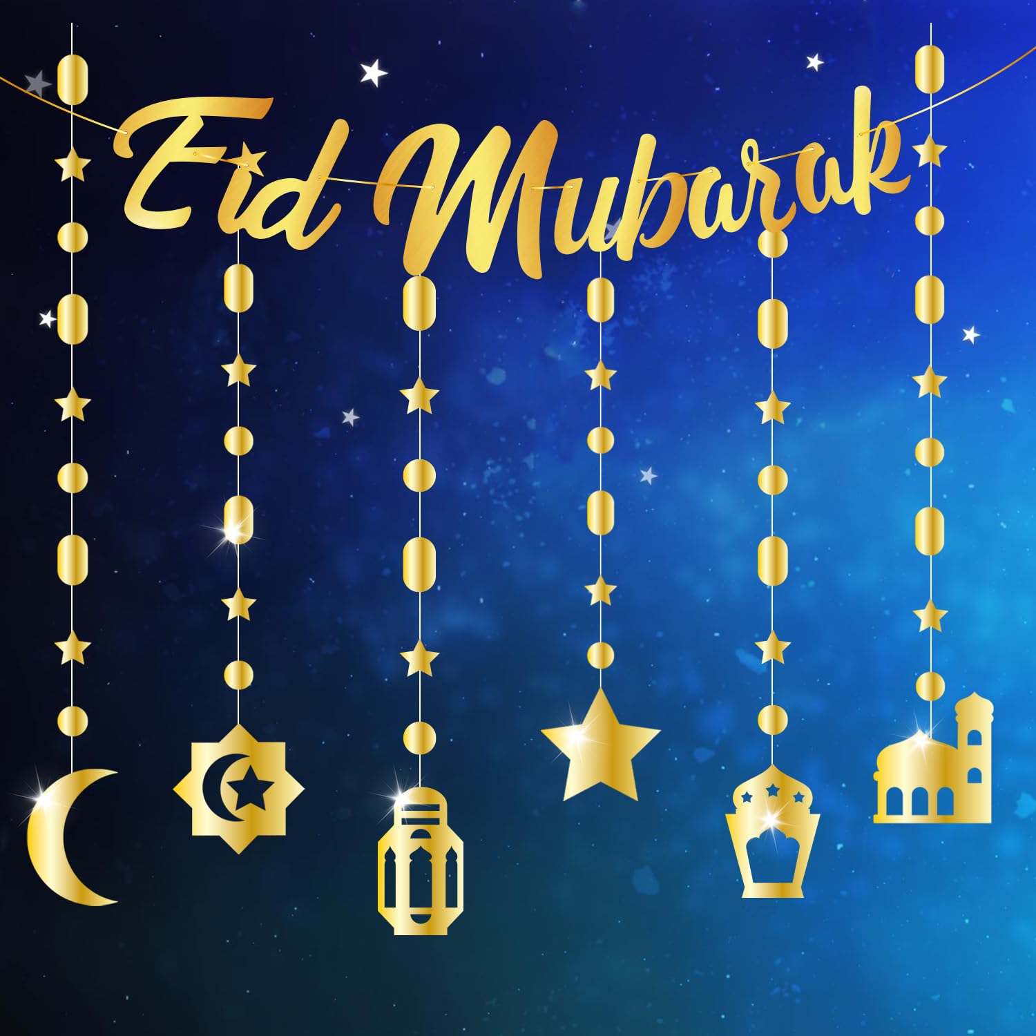 Ramadan Eid Decorations - Eid Mubarak Banner, Shinny Gold Star Moon Lantern Castle Hanging Decor for Home Eid Al-fitr Party Muslim Egyptian Holiday Supplies