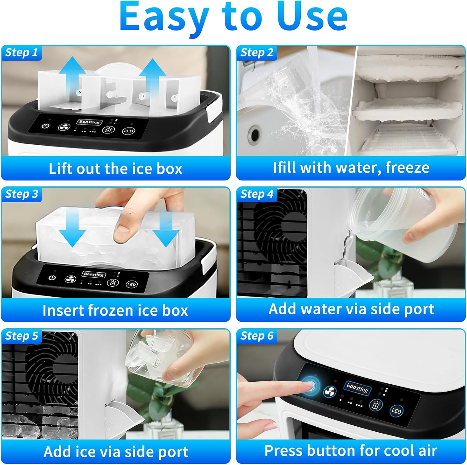 Mini Air Conditioner, 4-in-1 Air Conditioner Portable,Rechargeable Evaporative Air Cooler Fan with 4 Speeds,2 Mist Modes, 7 LED, 900ML Water Tank, Ice Box, Air Conditioner for Bedroom,Office & Travel