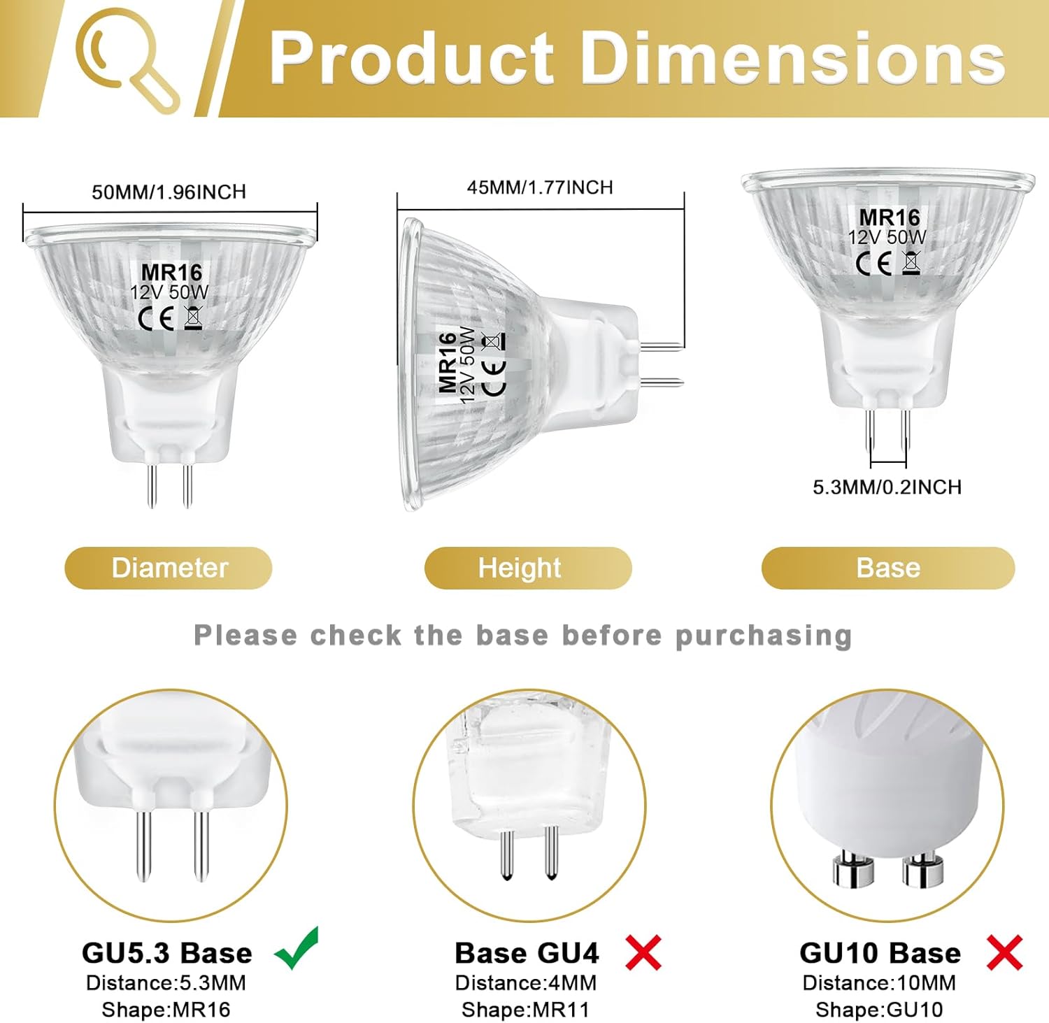 MR16 Halogen Bulb 50W 12V, High Output Halogen Light Bulbs 2 Pin GU5.3 Base with Clear Glass Cover for Landscape Lights, Track Lights, Fiber Optics, Desk Lamps, Dimmable, 2700K Warm White, 6 Pack
