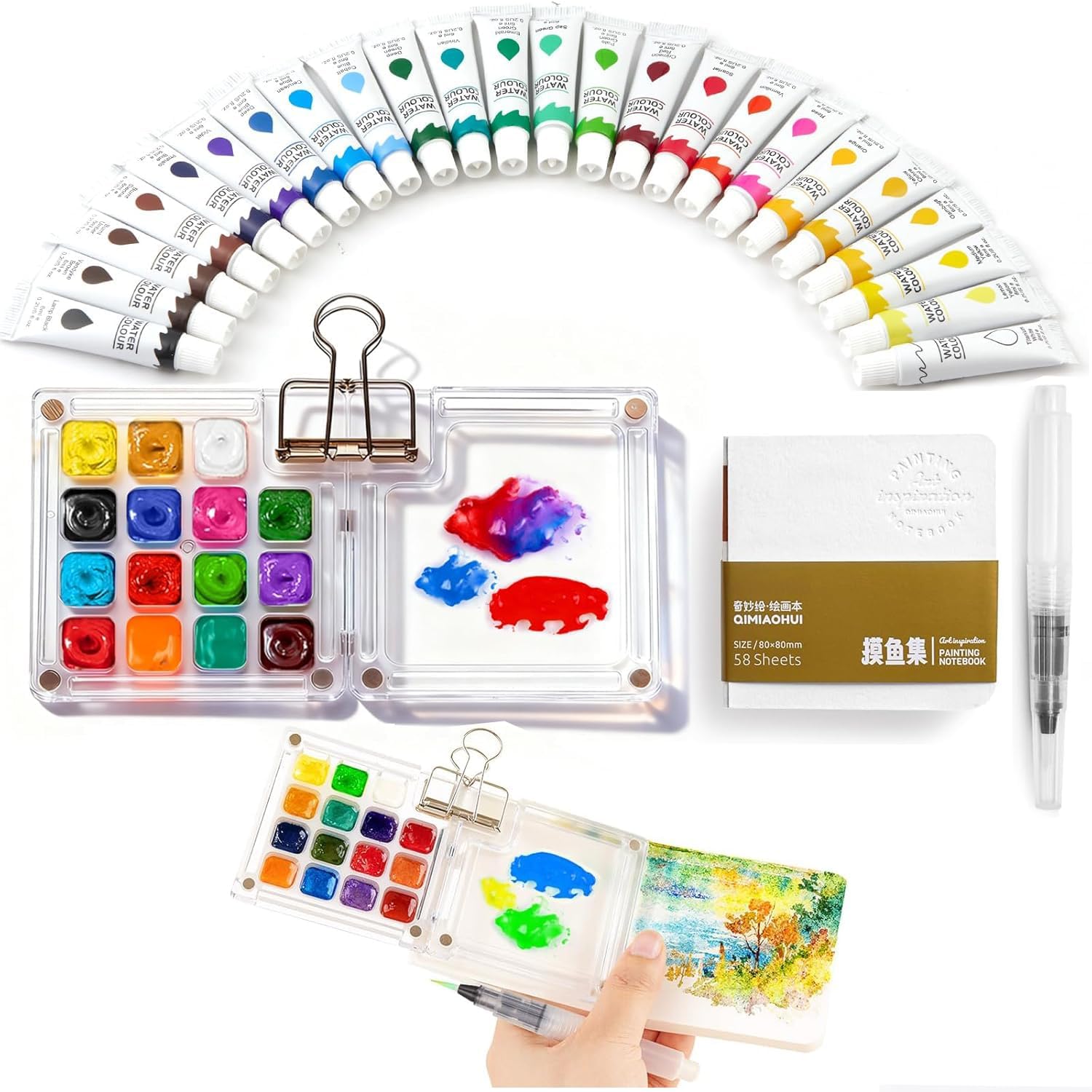 Portable Pocket Watercolor Travel Set for Artists & Hobbyists, Mini Watercolor Paint Set with 24 Colors Paint, Binder Clips, Sketchbook, Ideal for Acrylic Painting, Outdoor Sketching