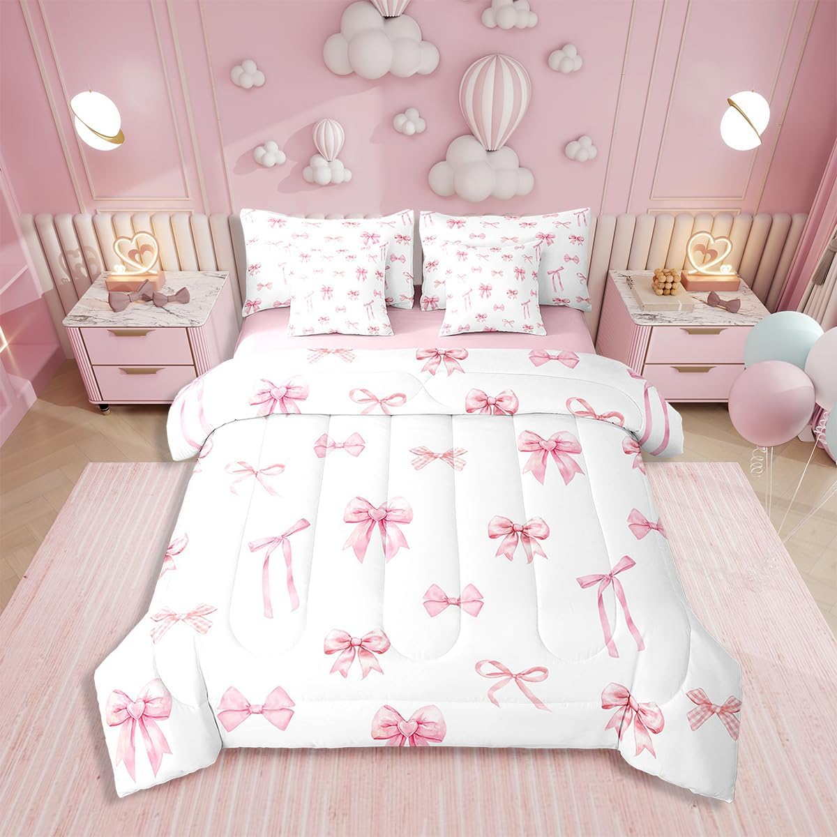 Erosebridal Pink Bow 7 Piece Comforter Set for Girls, Cute Bowknot Bedding Sets Bed in A Bag Full Size Kawaii Ribbon Bow Sheet Set for Kids Boys Teens Women Bedroom Bow Knot Aesthetic Bed Sets