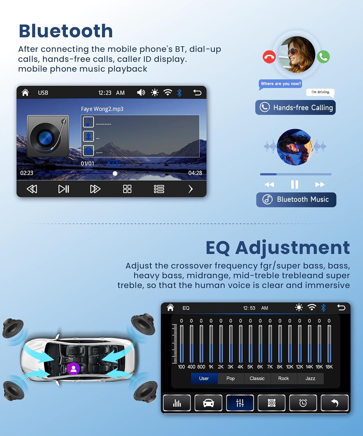 2 DIN Car Stereo Wireless Carplay&Android Auto, USB-C Head Unit 7” Touch Screen Car Radio Volume Knob Bluetooth EQ FM Mirror Link Double USB-A TF +Rearview Camera