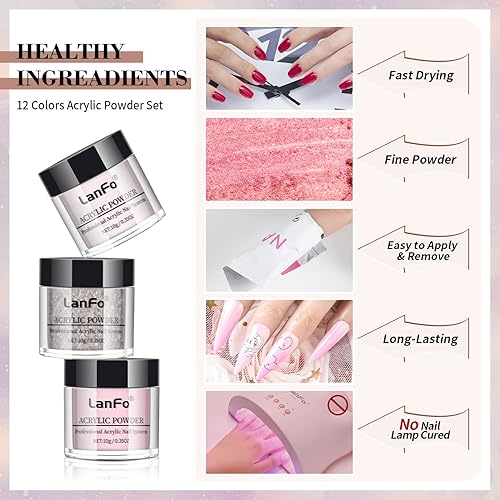 Miniatura 6 de LanFo Juego de polvos acrílicos de 12 colores para uñas, polvo acrílico rosa, marrón, brillantina, polvo acrílico profesional, extensión de polvo de