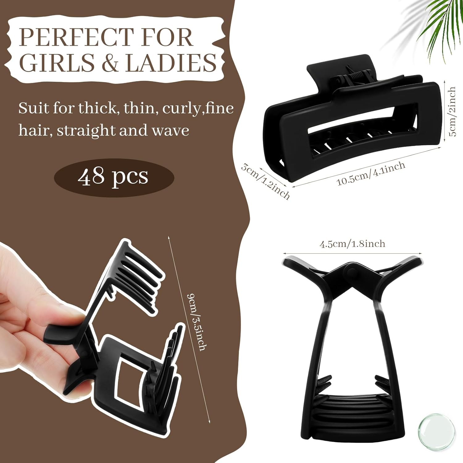 Yunlly 48 Pcs 4.1 Inch Claw Clips Bulk Large Rectangle Square Hair Claw Clips Nonslip Thick Long Hair Strong Hold Jaw for Women Girl Accessories(Black)