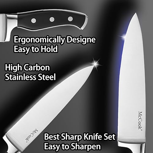 Miniatura 2 de McCook MC25A - Juego de cuchillos de cocina alemán de acero inoxidable de 15 piezas con afilador integrado Mango negro con tapa final/bloque de