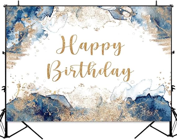 Sensfun Blue and Gold Happy Birthday Backdrop Abstract Watercolor Navy Golden Ink Texture Women Men Bday Photography Background Party Decorations Cake Table Banner Photo Booth Props 7x5ft