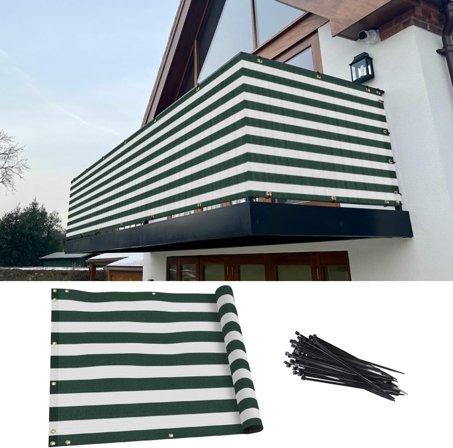 TANG 3' x 25' White & Green Stripes Balcony Privacy Screen Fence 200GSM Heavy Duty Windscreen for Apartment Porch Deck Outdoor Patio Backyard Patio Balcony UV-Proof
