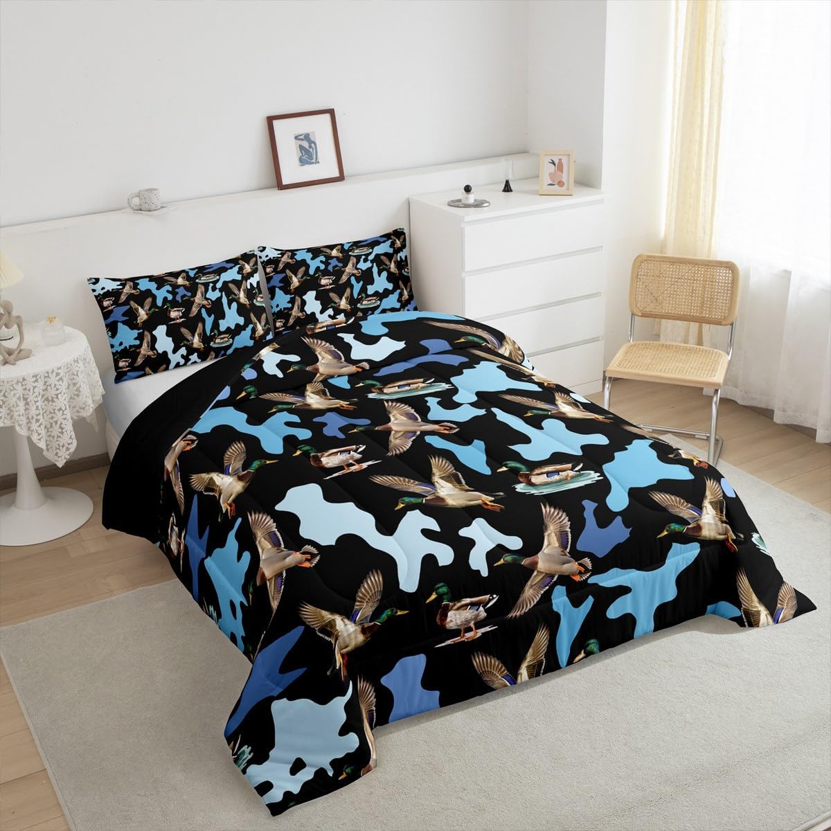 Feelyou Camo Duck Bedding Set Toddler Size Duck Hunting Comforter Set for Kids Teens Adults Hunter Camo Duvet Quilt Wildlife Blue Black Black Room Decor 2Pcs with 1 Pillow Case All Season Soft