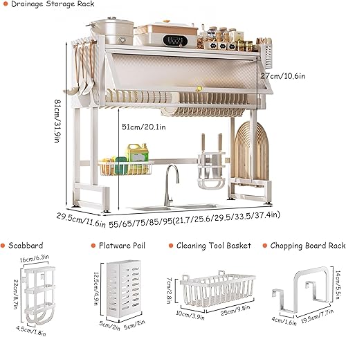 Miniatura 5 de Escurridor de platos con bandeja de goteo, escurridor de platos grande de 2 niveles con tabla de escurrir y soporte para cubiertos y tabla de cortar