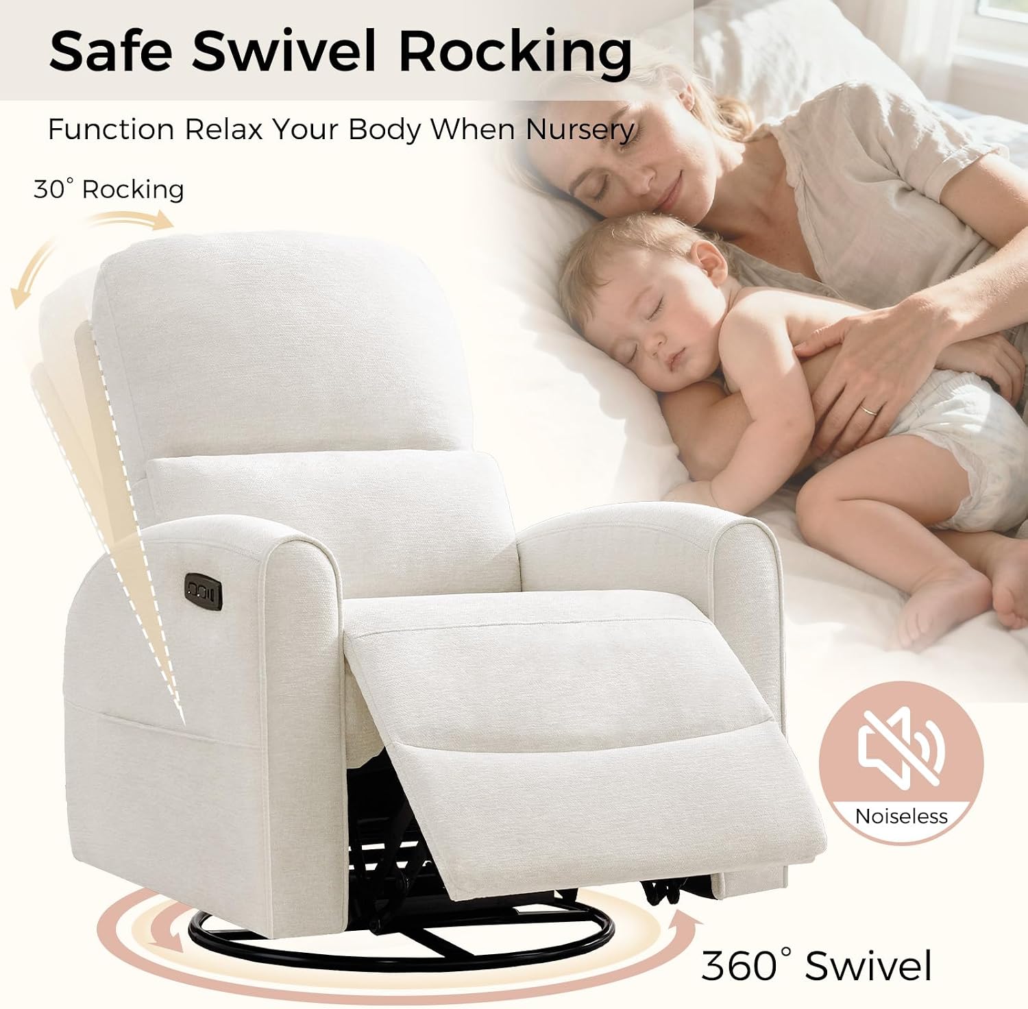 Power Swivel Rocker Recliner, Swivel Glider Nursery Recliner Chair with Lumbar Support, Upholstered Rocking Electric Recling Chairs for Adults Nursery, Living Room, Bedroom, White