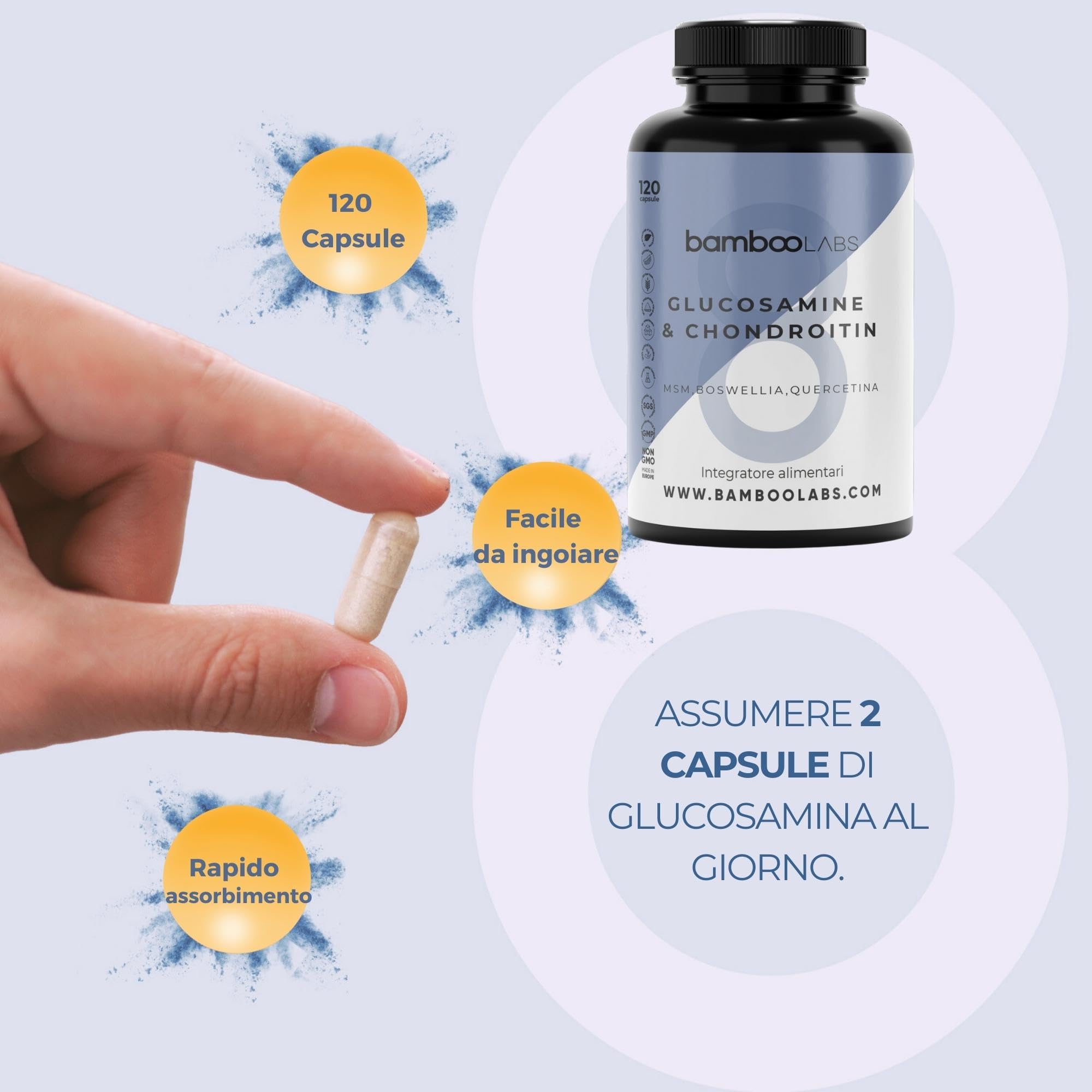 Bamboo Labs - Glucosamina, Condroitina, MSM, Boswellia, Acido Ialuronico e Quercetina, 120 Capsule Articolazioni e Cartilagine Integratori, Antiinfiammatorio Naturale per il Dolore alle Articolazioni