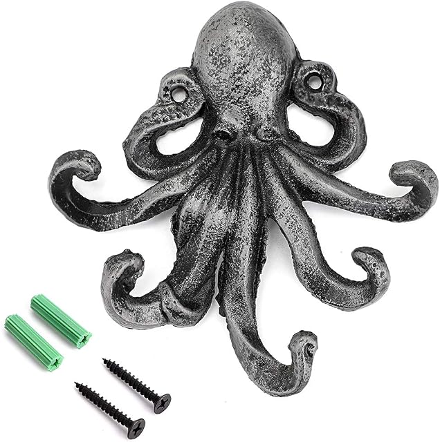 BSTKEY Cast Iron Octopus 5 Tentacles Decorative Wall Hook - Rustic Towel Hook Key Coat Rack (Silver)