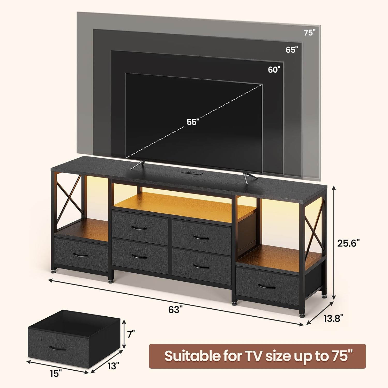 TV Stand for 75 Inch TV, Entertainment Center with LED Light & Power Outlets,63" Industrial TV Console Table with 6 PU Drawers & Open Shelves for Living Room, Bedroom, Black