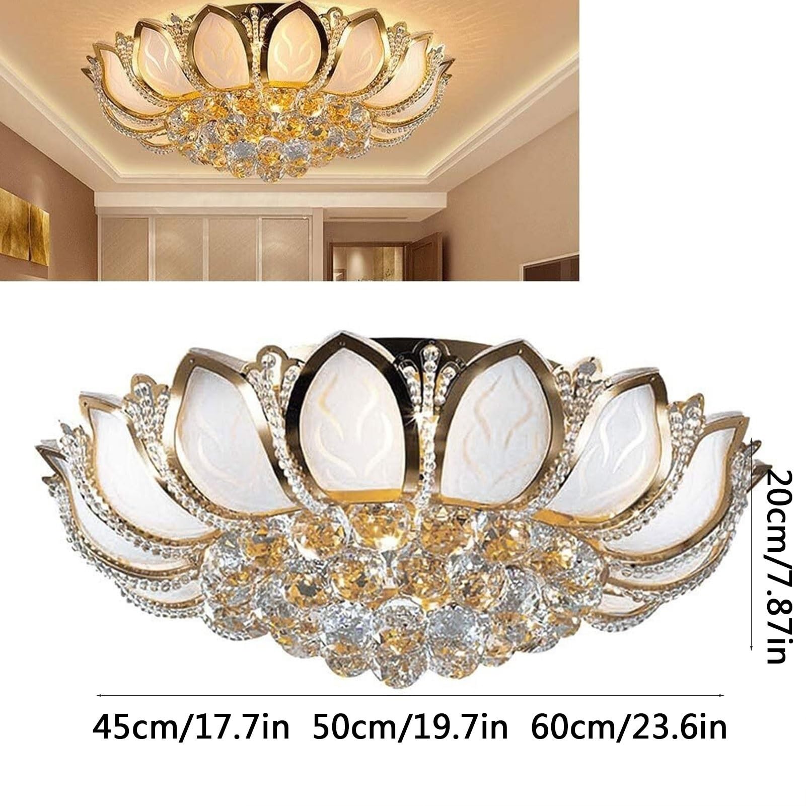 Lampa sufitowa Lotus Crystal – żyrandol wpuszczany w sufit, z pilotem, ze złotymi płatkami LED, do sypialni i jadalni