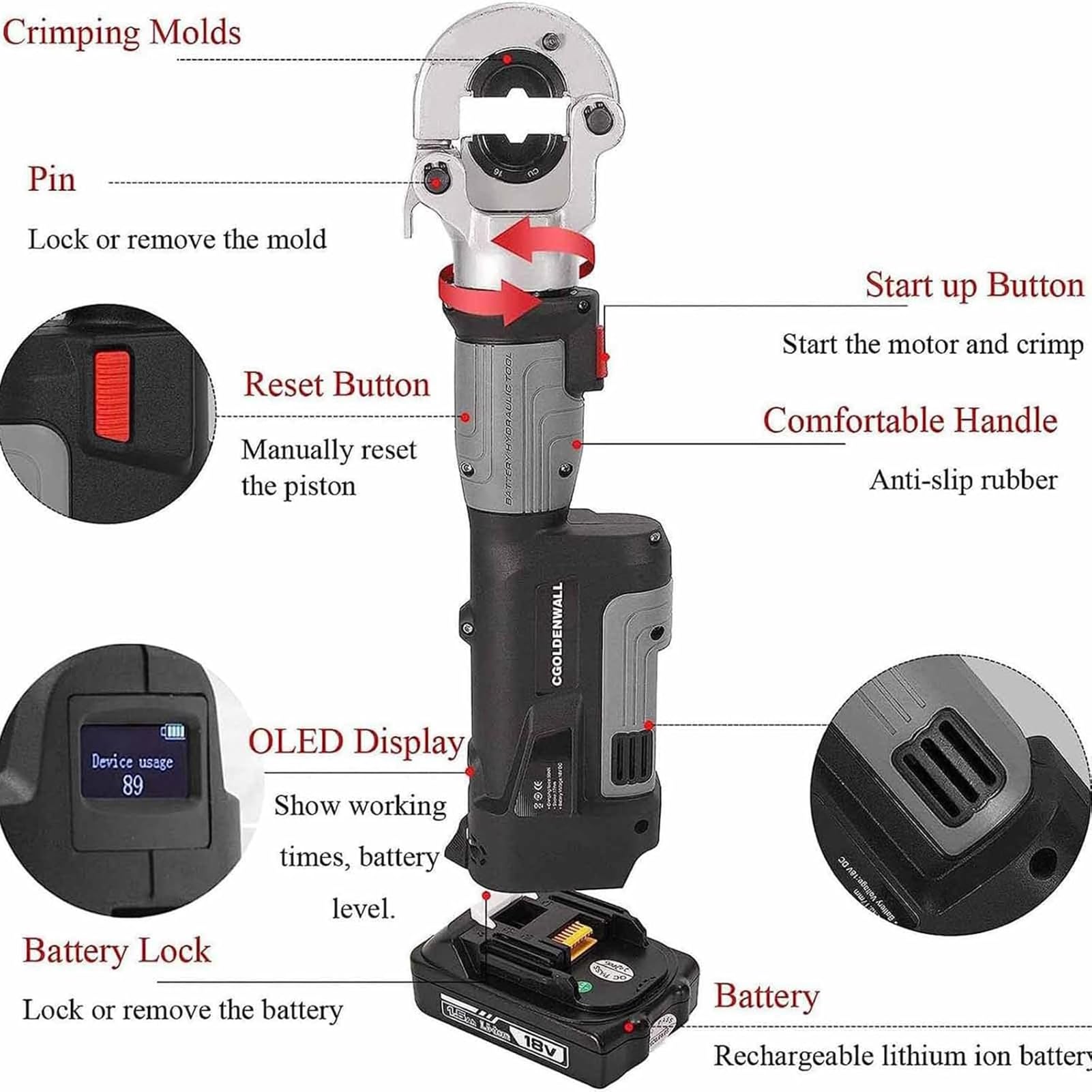 Crimpadora Hidráulica Recargable De 10-300 Mm², Crimpadora Hidráulica Eléctrica con 12 Pares De Troqueles, Cable con Batería para Terminal Cobre Y Aluminio