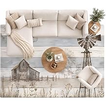 Windmill Barn Area Rug for Living Room 9x12 Washable Rug for Bedroom Rustic Farmhouse Wooden Planks Sunflower Soft Non Slip Foldable Low Pile Carpet for Kitchen Dining Room Nursery Farmhouse