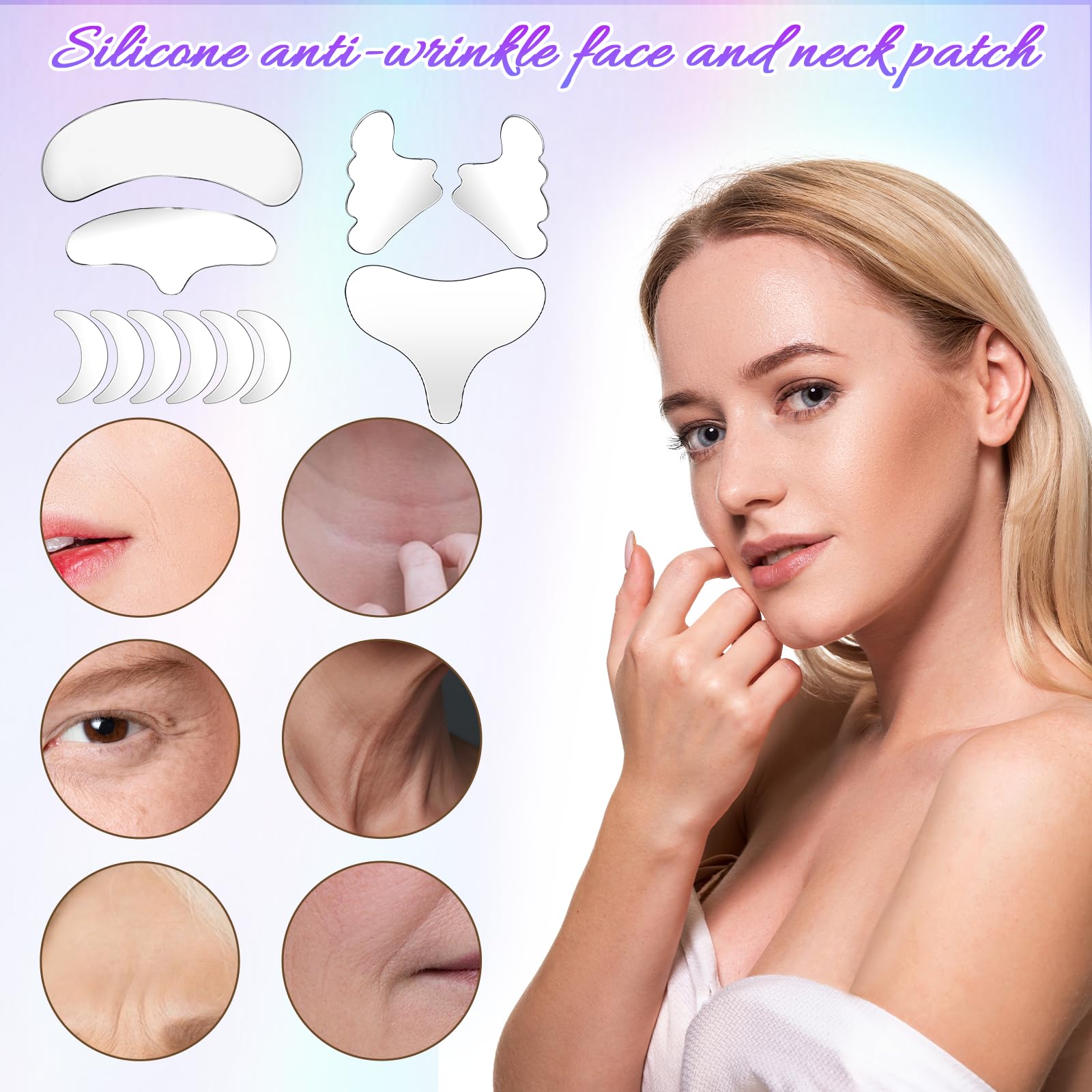 Dimeho 11 toppe antirughe per collo, riutilizzabili, in silicone, maschera antirughe sulla fronte, senza adesivo, per rughe e linee della pelle durante la notte, applicatore crema per occhi durante il