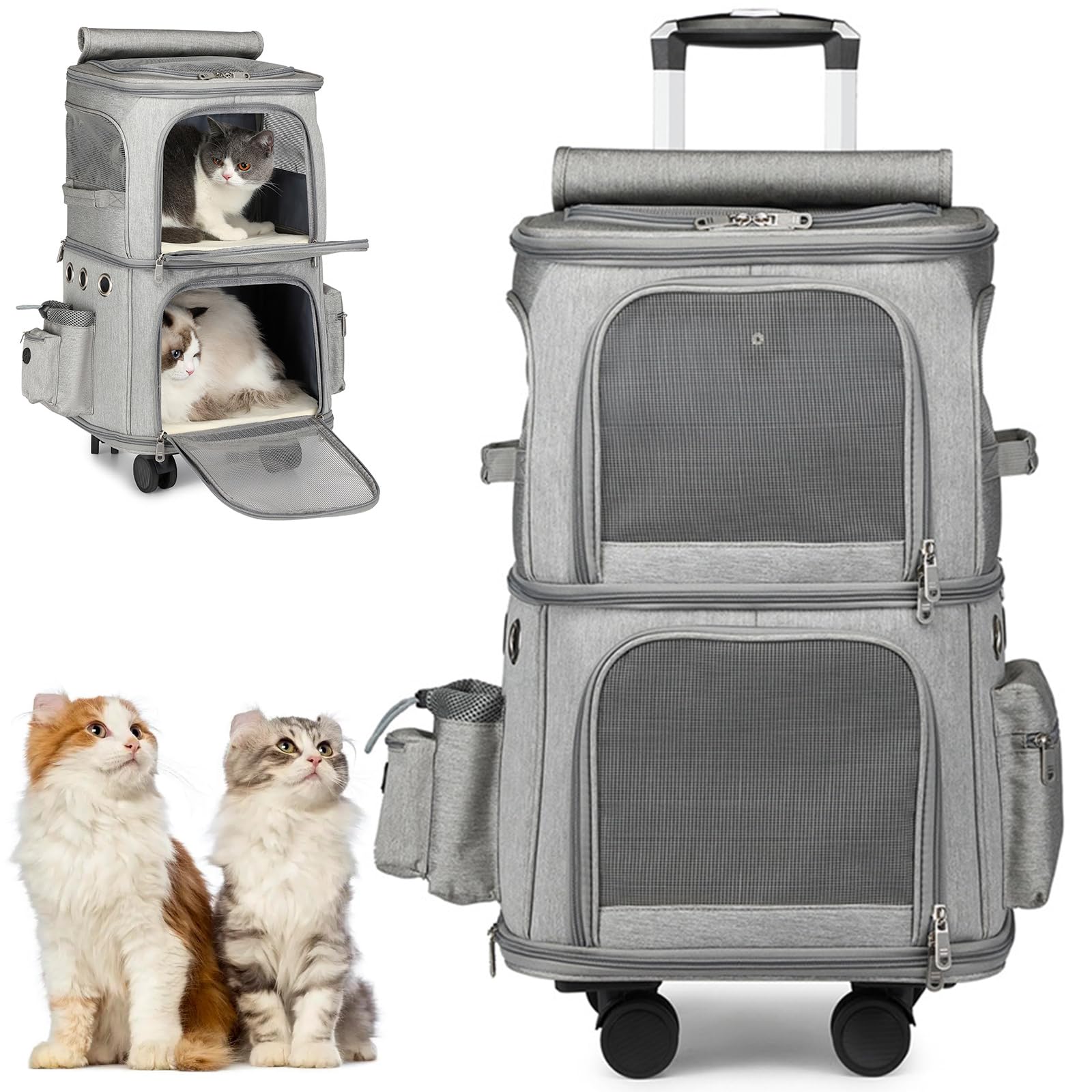 Transportín para Mascotas con Ruedas, Mochila Doble para Gatos con Ruedas Desmontables, Bolsa De Viaje Portátil, Mochila Plegable para 2 Gatos/Perros Pequeños/Conejos,Gris