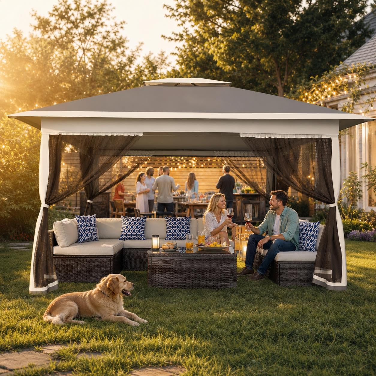 3x3m Pop Up Gazebo, Double Roof Foldable Waterproof Outdoor Gazebo with UV‑Protection & Mesh Screen Netting, Heavy‑Duty Waterproof Marquee Canopy Shelter with 3‑Level Adjustable Height, for Patio — image 1