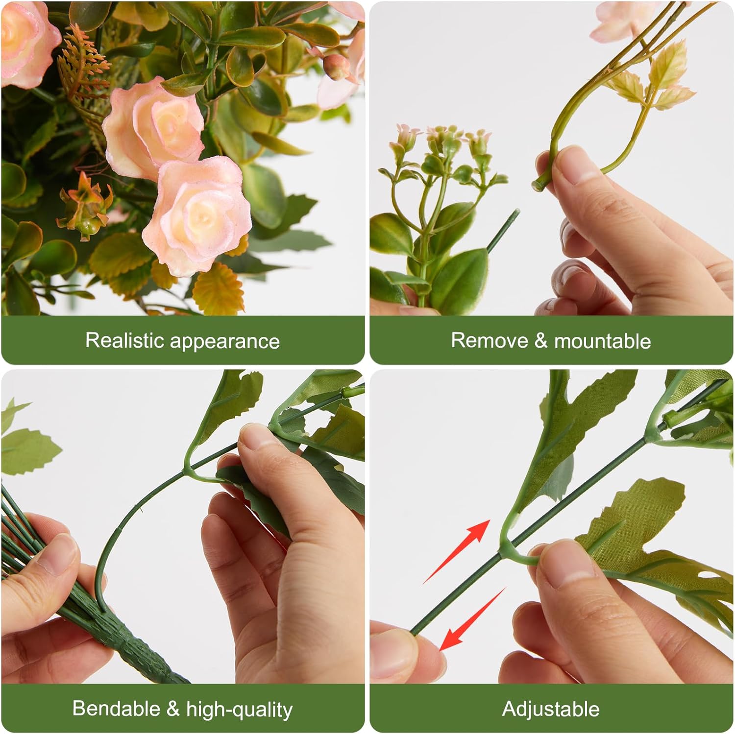 RM ROOMERS Artificial Flowers Plants for Outdoors, Fake Flowers Pink Mini Rose Faux Flower for Garden Porch Windowbox Front Door Yard Wedding Home Decor Indoor Vase (4 Bundles)