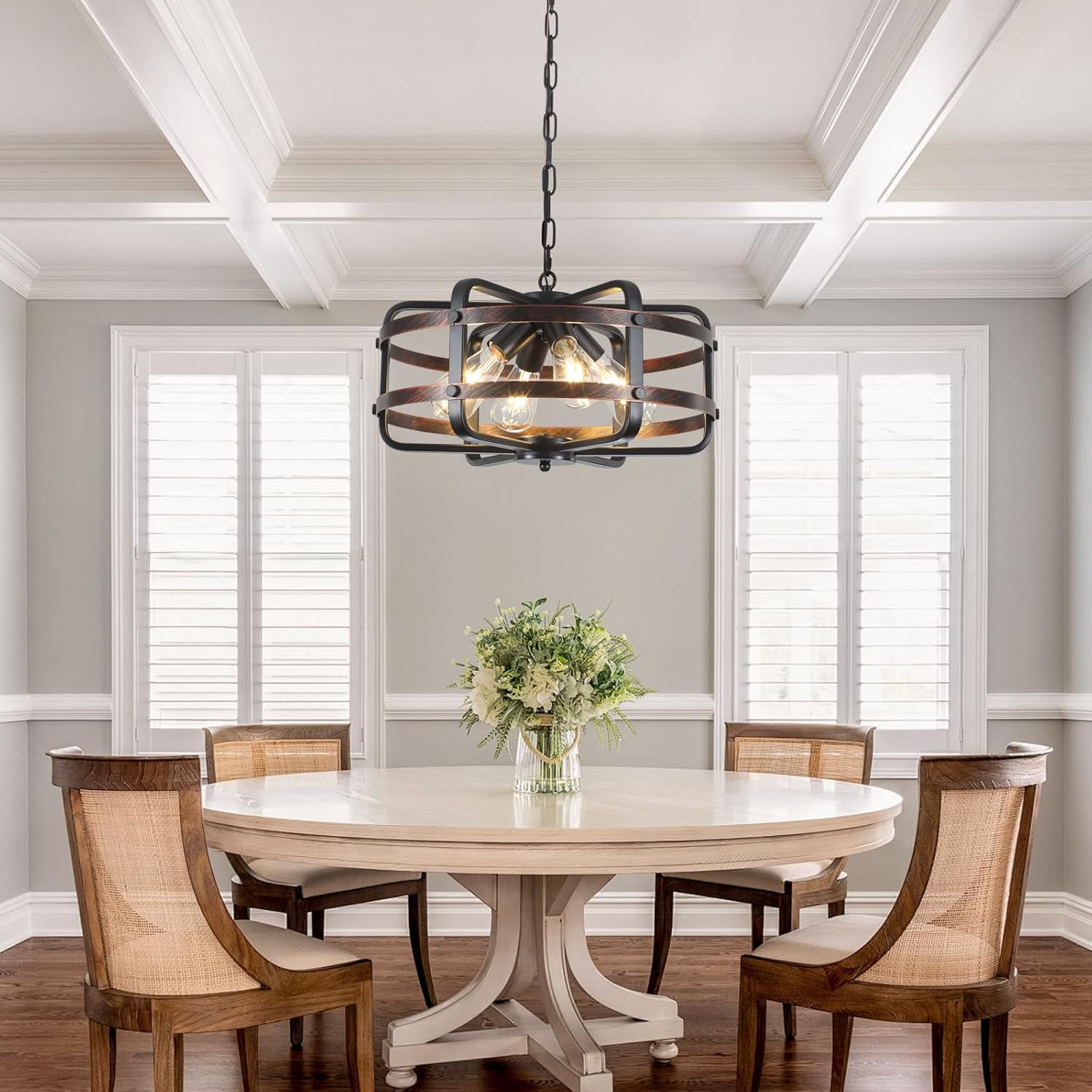 17.71" Modern Farmhouse Chandelier 4-Lights Cage Industrial Black Chandeliers for Dining Room Light Fixture Rustic Lantern Pendant Vintage Lighting Fixtures for Foyer Kitchen Entryway Living Room E26