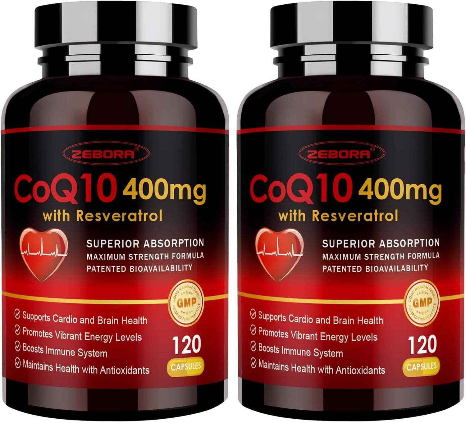 ZEBORA CoQ10-400mg with Trans-Resveratrol, PQQ & Vitamin E - High Absorption Coenzyme-Q10 with BioPerine - Powerful Antioxidant for Heart & Energy-Production,120 Veggie Capsules (Pack of 2)