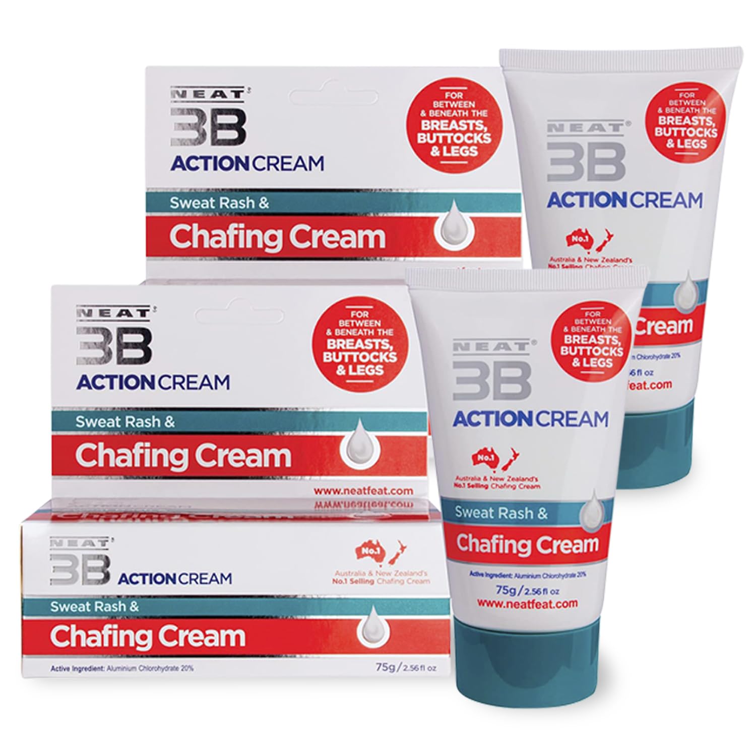 Neat 3B Action - Anti Chafing Cream - Anti Chafe Balm to Prevent Chub Rub Sweat Rash - Thigh Chafing Cream for Cyclists, Runners - Unscented, 75g, x2