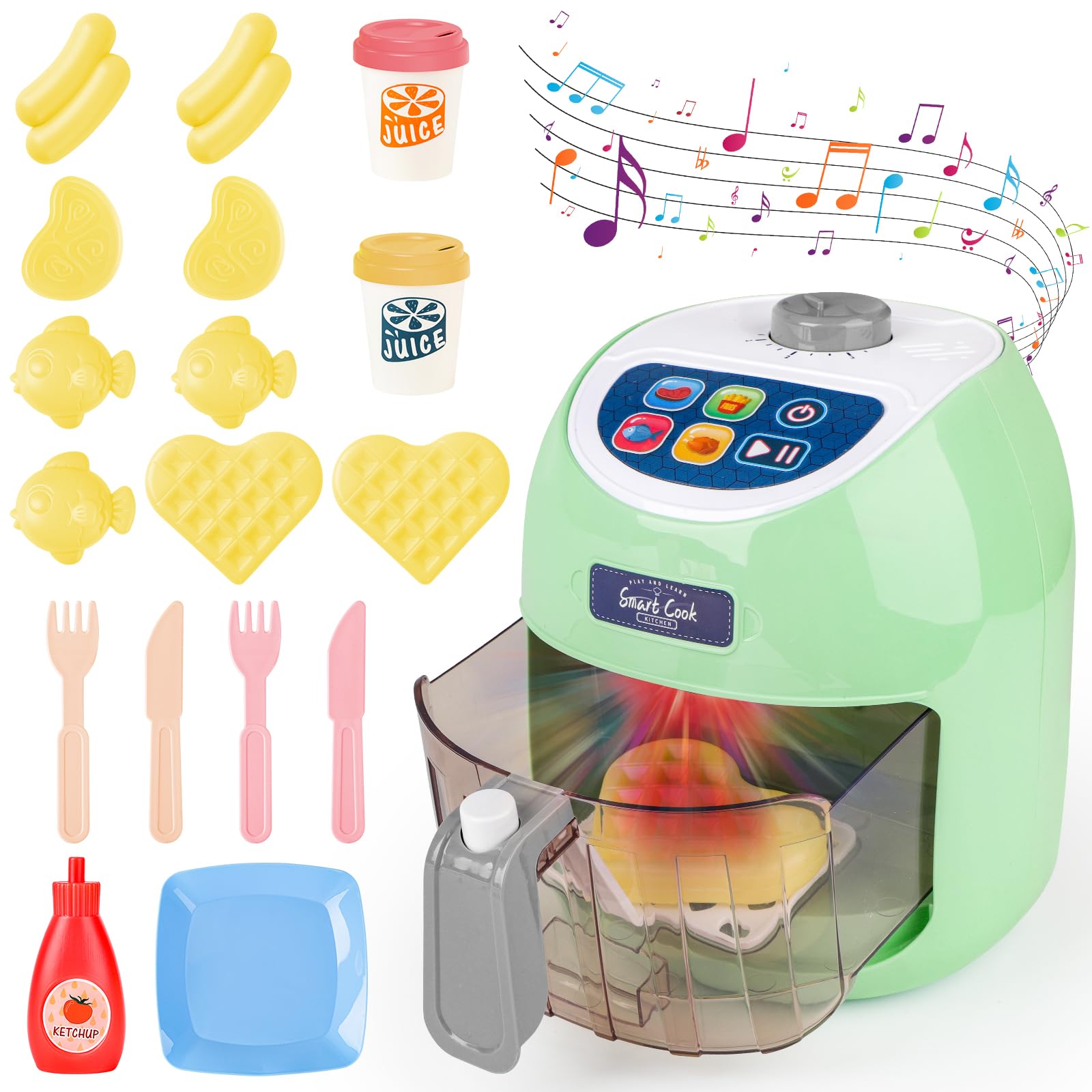 deAO Freidora de Aire Juguete con Sonido y Luz, Realista Función Pantalla Táctil, Alimentos Que Cambian de Color, Temporizador, Juego de rol Cocina Accesorios Juguete para Niñas y Años