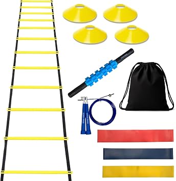 Gronk Fitness Agility Training Set | 12FT Speed Ladder, 4 Cones, Jump Rope, Massage Stick, Mini Loop Bands | Speed & Footwork Equipment for Soccer, Football, Basketball | for Kids, Youth & Adults