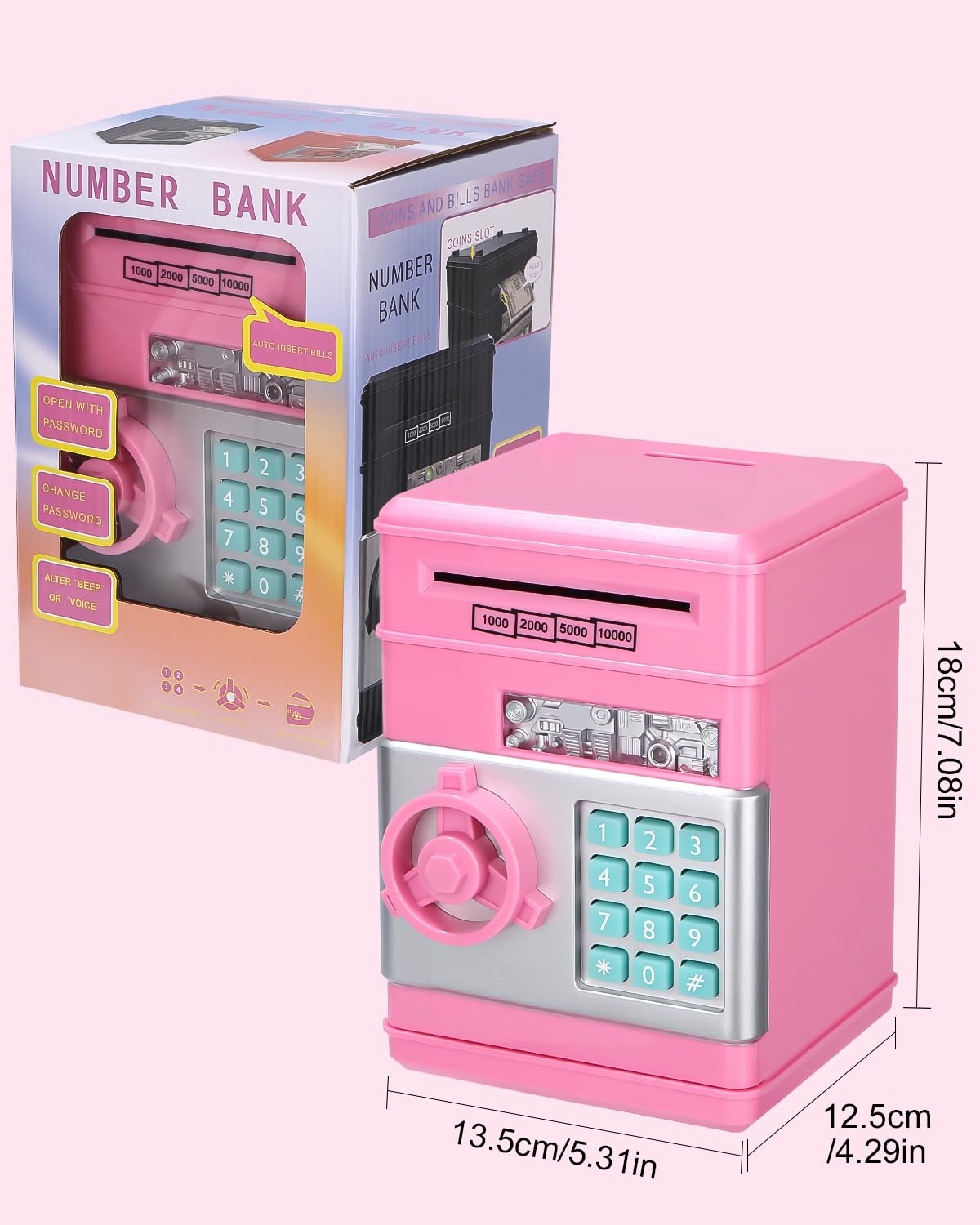 Caja Fuerte Niños,Hucha electrónica,Hucha Cajero Automatico,con Bloqueo de Contraseña & Automático de Dinero,Juguete Divertido Regalo Hucha Caja Fuerte para Monedas y Billetes Rosa