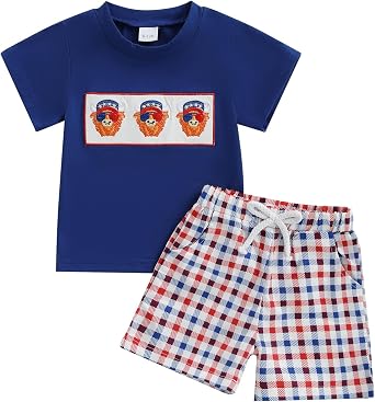Toddler Baby Boy 4th of July Outfit Embroidery Short Sleeve T-shirt with Shorts Set Independence Clothes