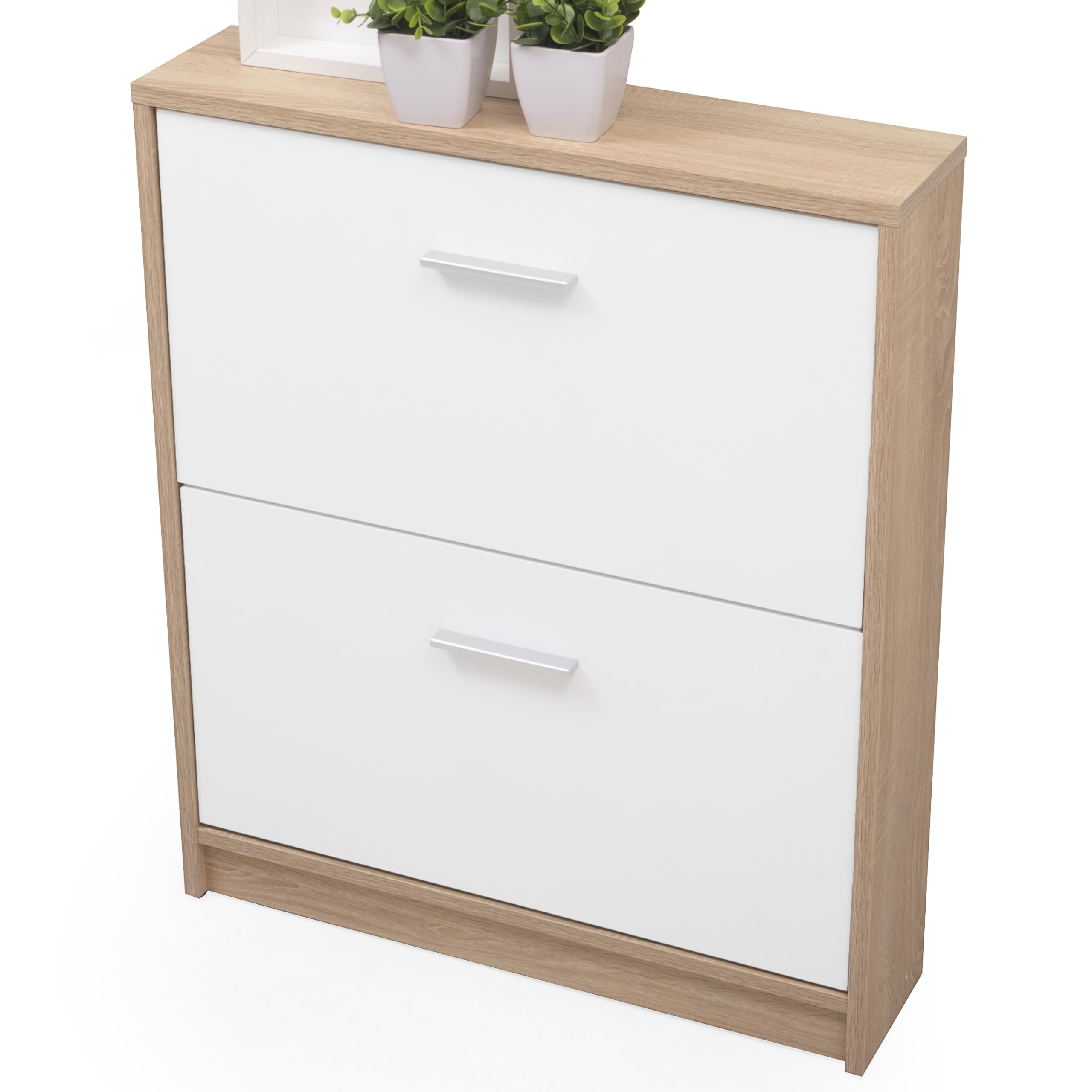 Homely - Mueble Zapatero KENTO | Diseño Moderno, Diseño Nórdico | Zapatero para Habitación, Hall, Dormitorio, Entrada | 2 Puertas abatibles | 69,5x17,5x84 cm | Color cambrián y Blanco
