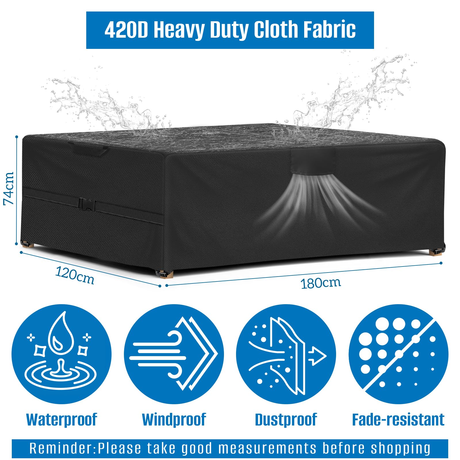 SIRUITON Copertura per mobili da giardino,180x120x74cm,con aperture di ventilazione,impermeabile,antivento,resistente ai raggi UV,antistrappo,520D Oxford,copertura per
