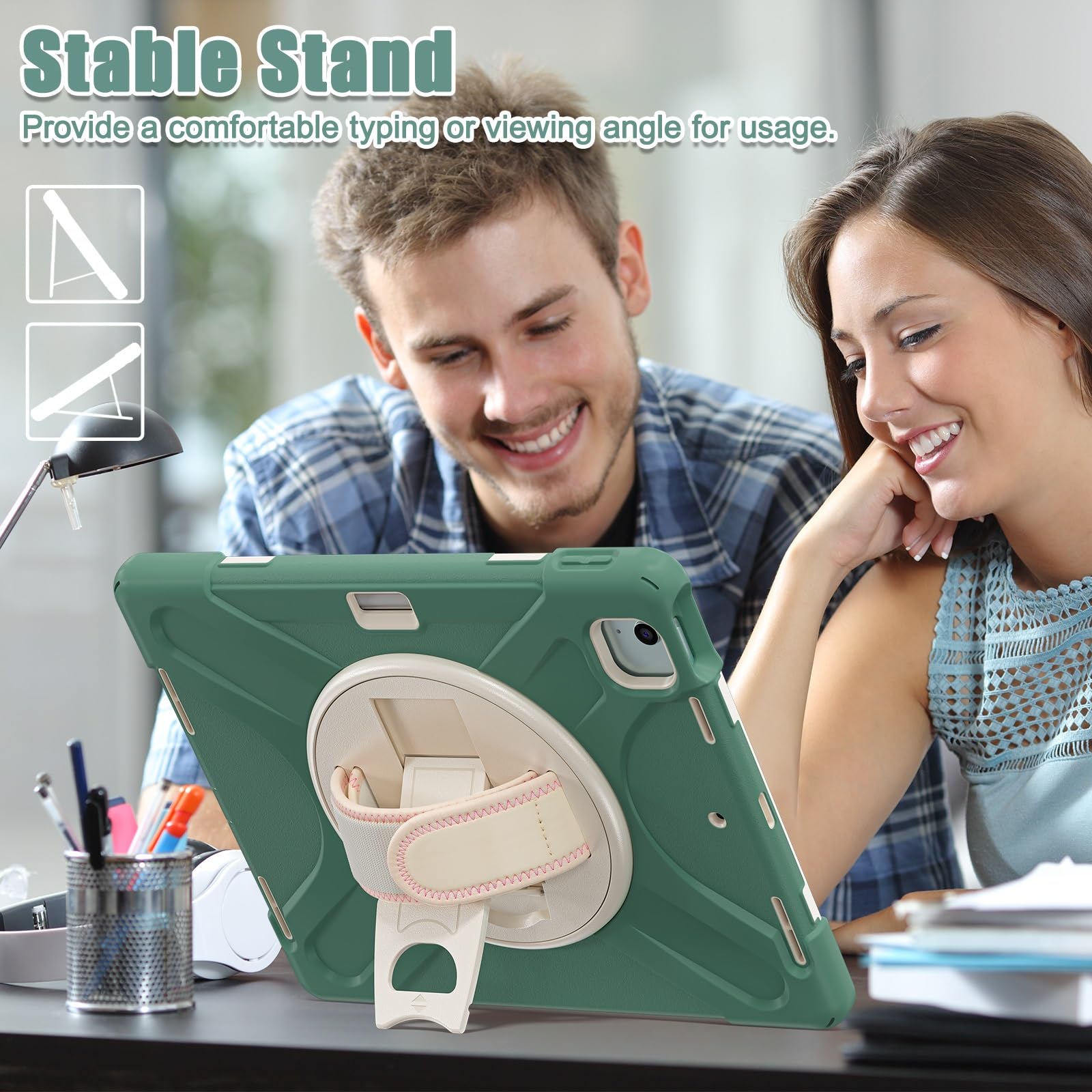 Kompatybilny z etui iPad Air 13 cali M3 2025/ M2 2024, wytrzymałe, odporne na wstrząsy ochronne uchwytem długopis, pasek ramię, dla dzieci, silikonowe(Green 1)