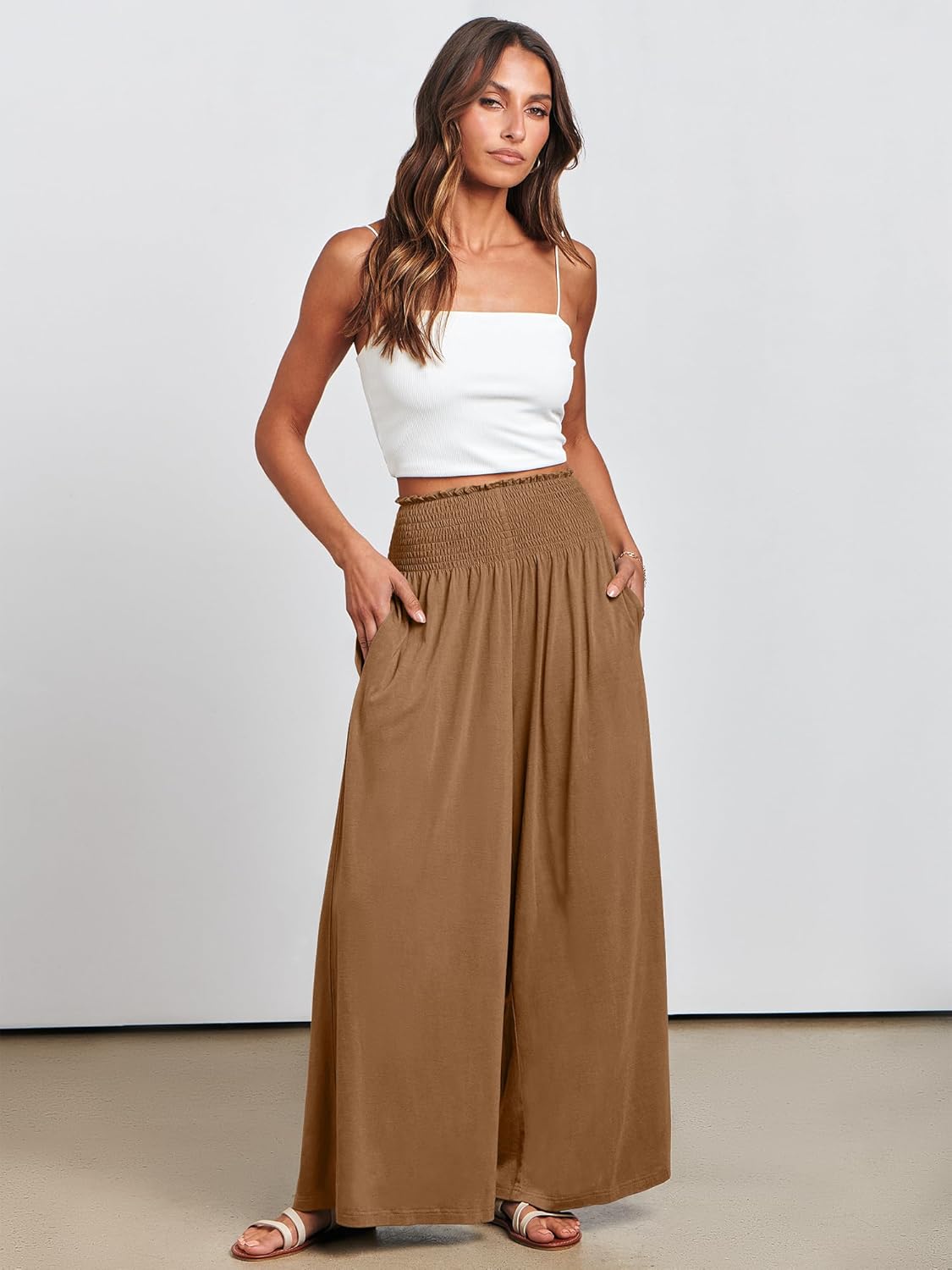 ANRABESS Women Palazzo Pants Summer Boho Bagyy Wide Leg High Smocked Waist Casual Loose Lounge Pant with Pocket - Image 3