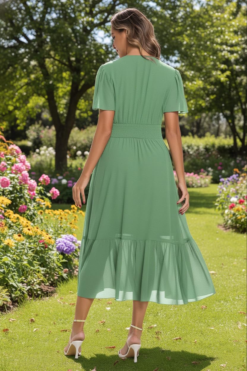 Chiffon Dresses for Women 2026 Summer Smocked Wrap V Neck Tiered Flowy Wedding Guest Long Dress with Pockets - Image 4