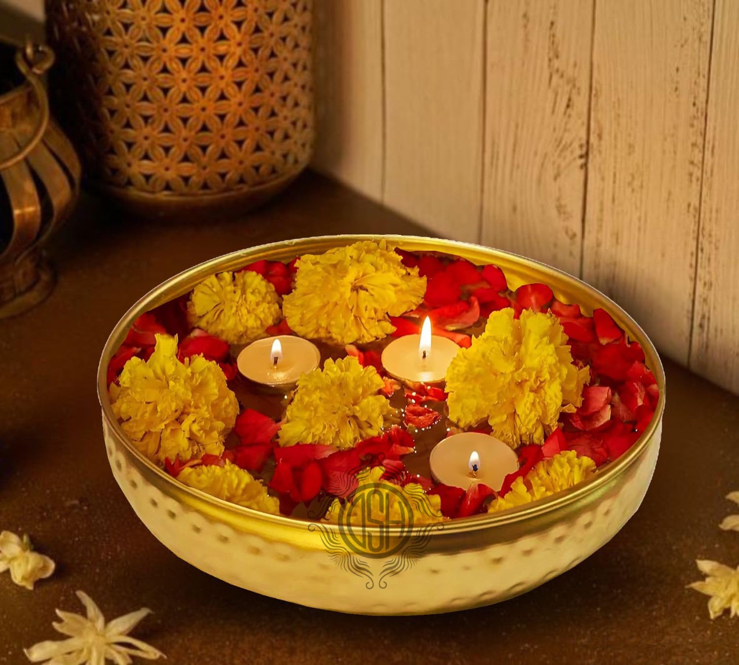 DSH Round Shape Hammered Design Decorative Urli Bowl for Home Handicraft Bowl for Floating Flowers and Tea Light Candles Diwali Decoration Items (10 Inch)-picture-10